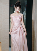 Elegant Pink Strapless Ruffled Satin Long Classy Prom Dress Bridesmaid Dress