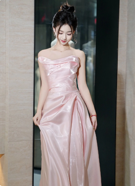 Elegant Pink Strapless Ruffled Satin Long Classy Prom Dress Bridesmaid Dress