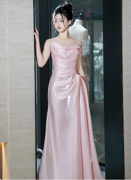 Elegant Pink Strapless Ruffled Satin Long Classy Prom Dress Bridesmaid Dress