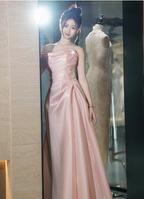 Elegant Pink Strapless Ruffled Satin Long Classy Prom Dress Bridesmaid Dress