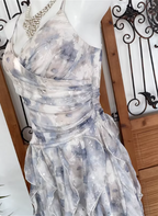 Elegant Printed Spaghetti Strap V-Neck Ruffled Layered Tulle Classy Prom Dress
