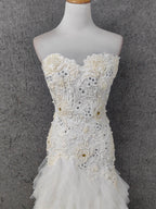 Elegant Pure White Sweetheart Neck Pearl Lace Tulle Long Classy Prom Dress