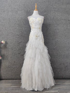 Elegant Pure White Sweetheart Neck Pearl Lace Tulle Long Classy Prom Dress