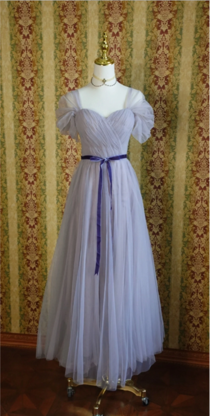 Elegant Purple A-Line Puff Sleeve Tulle Long Classy Prom Dress Bridesmaid Dress