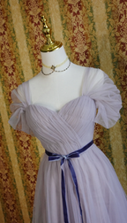 Elegant Purple A-Line Puff Sleeve Tulle Long Classy Prom Dress Bridesmaid Dress