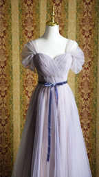 Elegant Purple A-Line Puff Sleeve Tulle Long Classy Prom Dress Bridesmaid Dress