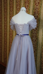 Elegant Purple A-Line Puff Sleeve Tulle Long Classy Prom Dress Bridesmaid Dress