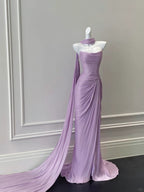 Elegant Purple Fitted Strapless Pleated Satin Long Classy Prom Dress