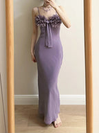 Elegant Purple Mermaid 3D Flower Bow Thin Strap Satin Long Classy Prom Dress Bridesmaid Dress