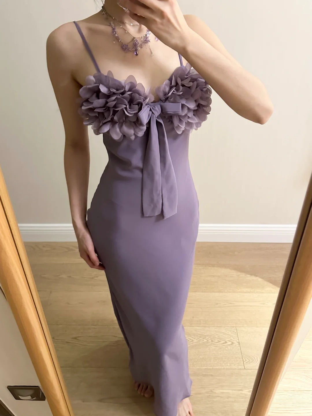Elegant Purple Mermaid 3D Flower Bow Thin Strap Satin Long Classy Prom Dress Bridesmaid Dress