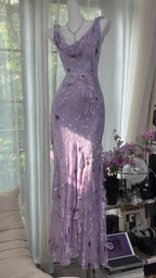 Elegant Purple Mermaid Printed Boat Neck Chiffon Long Classy Prom Dress