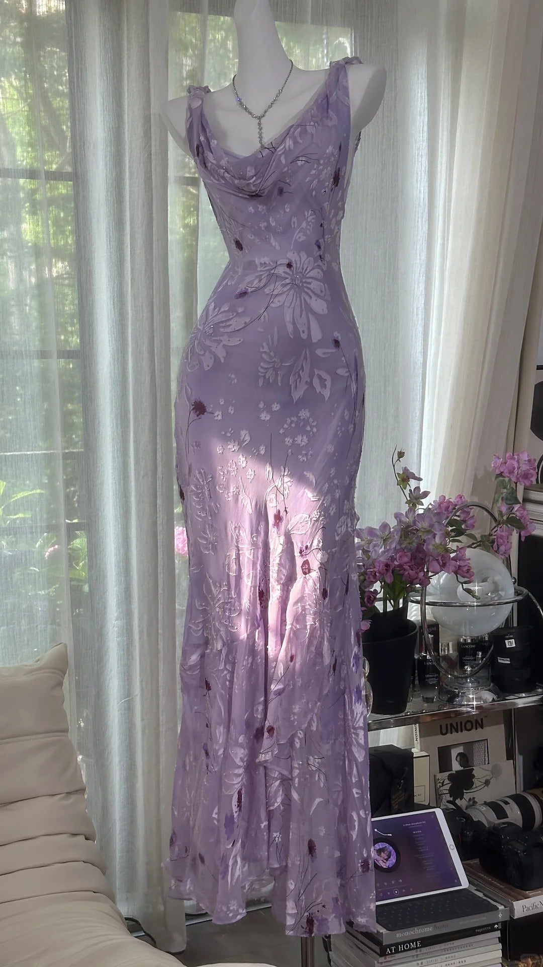 Elegant Purple Mermaid Printed Boat Neck Chiffon Long Classy Prom Dress