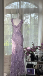 Elegant Purple Mermaid Printed Boat Neck Chiffon Long Classy Prom Dress