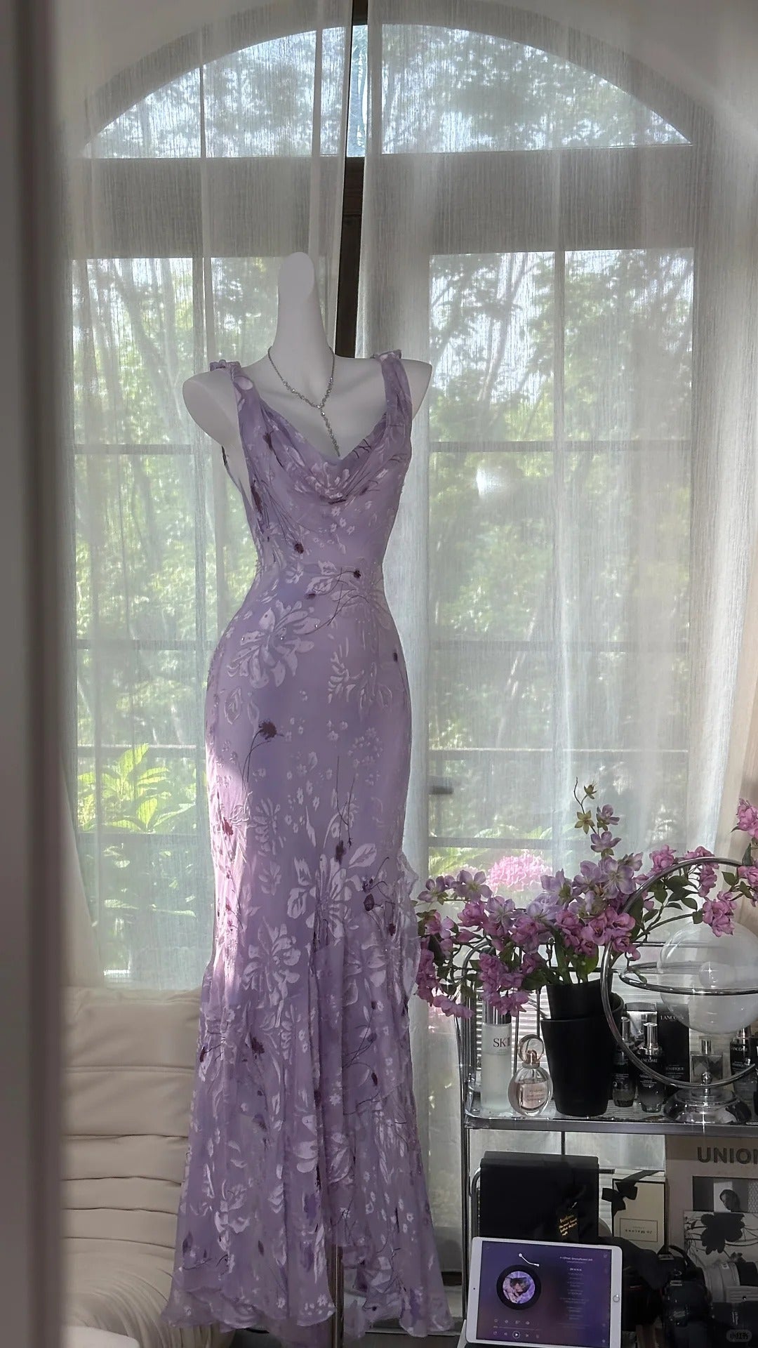 Elegant Purple Mermaid Printed Boat Neck Chiffon Long Classy Prom Dress