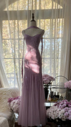 Sparkly Spaghetti Straps Purple Mermaid Wedding Guest Dress Beaded Tulle Chiffon Long Classy Prom Dress