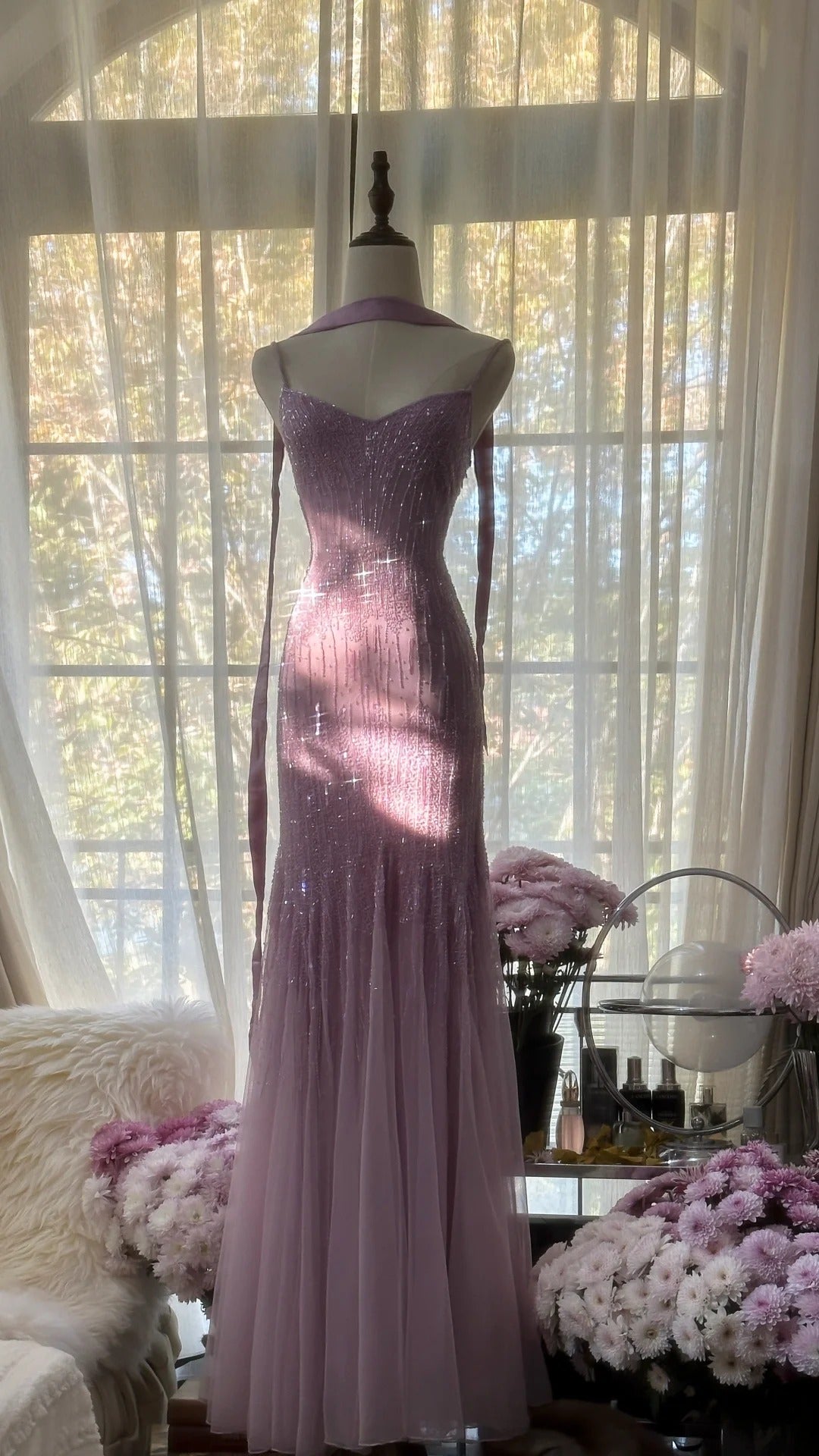 Sparkly Spaghetti Straps Purple Mermaid Wedding Guest Dress Beaded Tulle Chiffon Long Classy Prom Dress