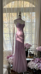 Sparkly Spaghetti Straps Purple Mermaid Wedding Guest Dress Beaded Tulle Chiffon Long Classy Prom Dress