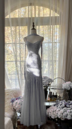 Sparkly Spaghetti Straps Purple Mermaid Wedding Guest Dress Beaded Tulle Chiffon Long Classy Prom Dress