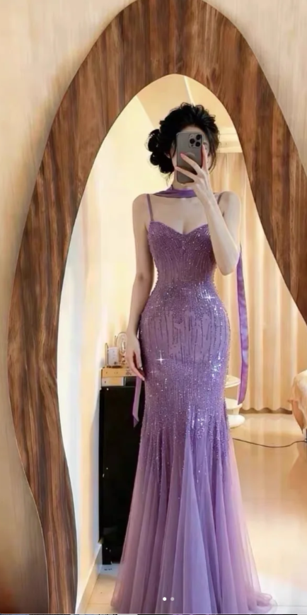 Sparkly Spaghetti Straps Purple Mermaid Wedding Guest Dress Beaded Tulle Chiffon Long Classy Prom Dress