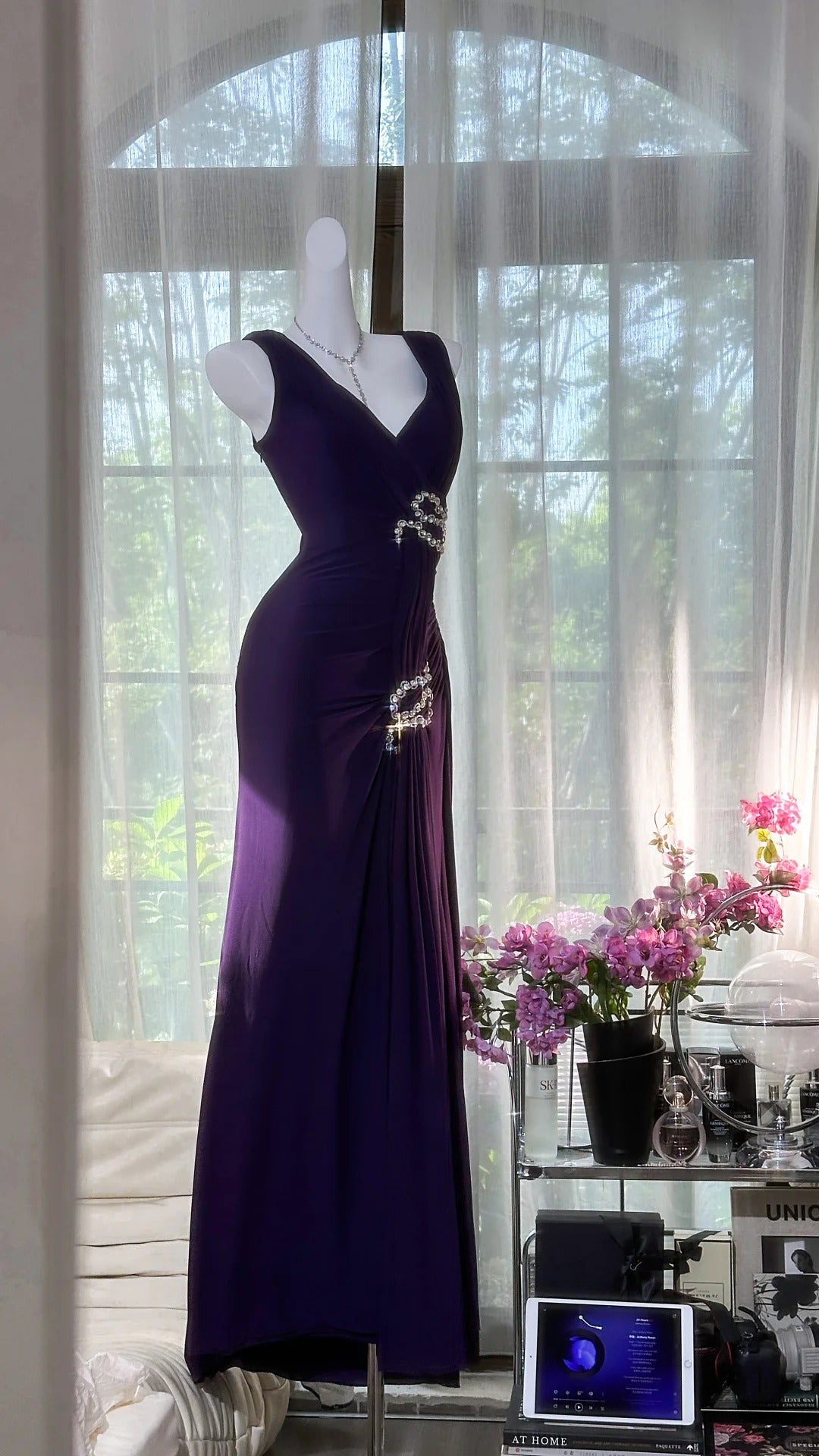 Elegant Purple Strapless Chiffon Long Classy Prom Dress