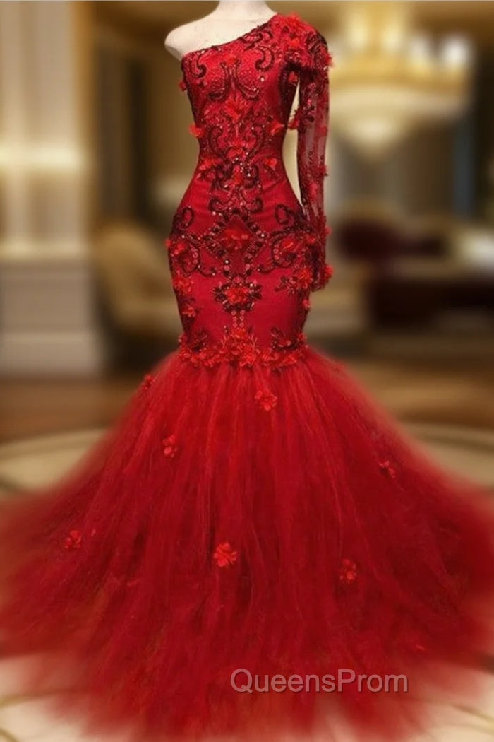 Elegant Red One-Shoulder Long-Sleeves Appliques Mermaid Evening Prom Party Gowns Main image