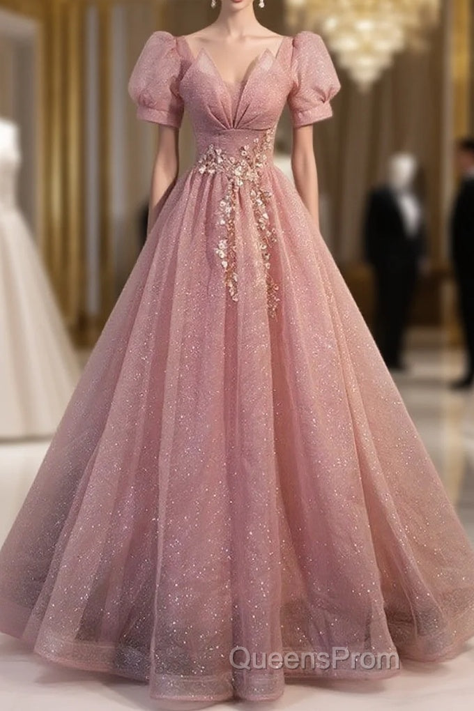 Elegant Red Pink Beaded Rhinestone Fluffy Short Sleeved Ball Dress With Red Pink V-Neck Butterfly Patch Flower Dew Back Strap And Floor Length Evening Dress Main image