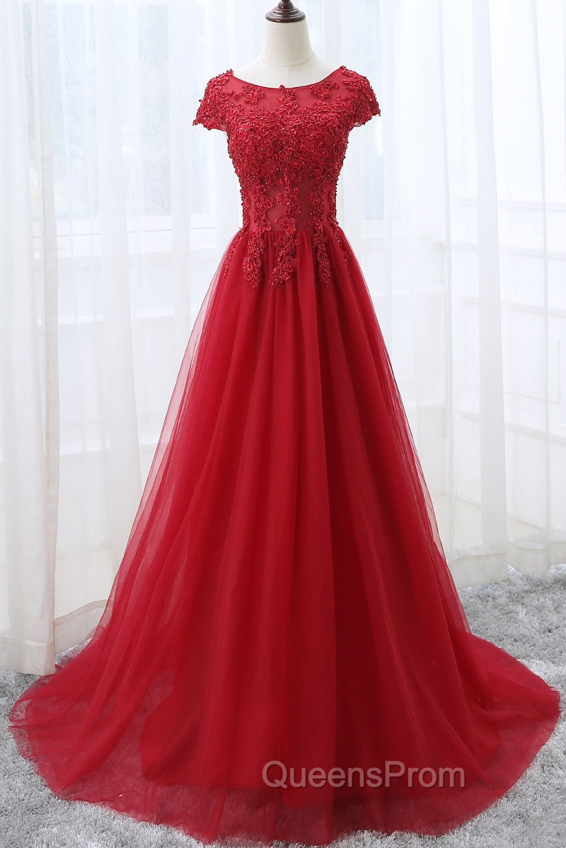 Elegant Red Tulle Long Evening Prom Dress with Lace Applique, Red Party Gowns Secondary image