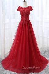 Elegant Red Tulle Long Evening Prom Dress with Lace Applique, Red Party Gowns