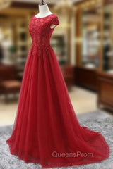 Elegant Red Tulle Long Evening Prom Dress with Lace Applique, Red Party Gowns