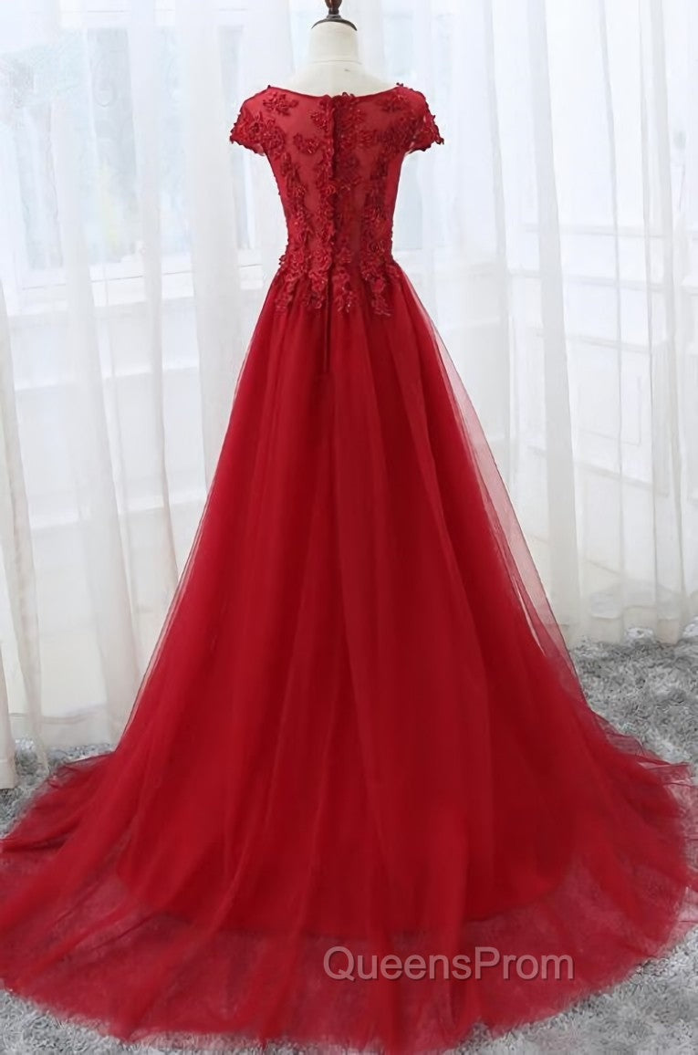 Elegant Red Tulle Long Evening Prom Dress with Lace Applique, Red Party Gowns