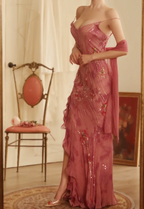 Elegant Rose Pink Mermaid Deep V-Neck Thin Strap Chiffon Long Classy Prom Dress