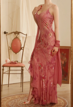 Elegant Rose Pink Mermaid Deep V-Neck Thin Strap Chiffon Long Classy Prom Dress