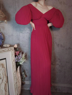 Elegant Rose Pink V-Neck Puff Sleeve Pleated Long Classy Prom Dress