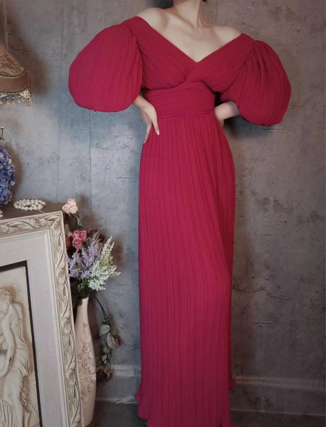Elegant Rose Pink V-Neck Puff Sleeve Pleated Long Classy Prom Dress