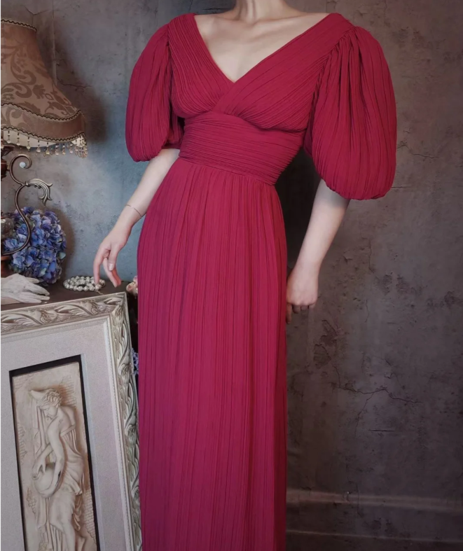 Elegant Rose Pink V-Neck Puff Sleeve Pleated Long Classy Prom Dress