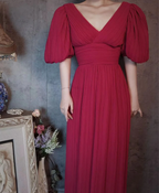 Elegant Rose Pink V-Neck Puff Sleeve Pleated Long Classy Prom Dress