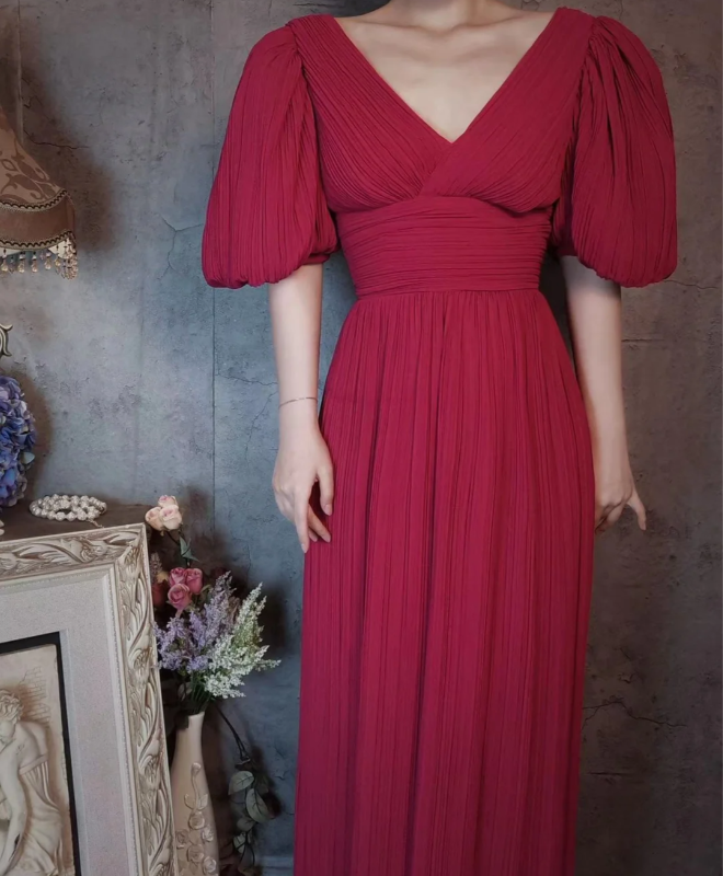 Elegant Rose Pink V-Neck Puff Sleeve Pleated Long Classy Prom Dress
