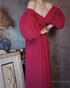 Elegant Rose Pink V-Neck Puff Sleeve Pleated Long Classy Prom Dress