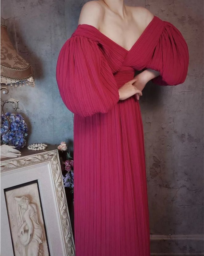 Elegant Rose Pink V-Neck Puff Sleeve Pleated Long Classy Prom Dress