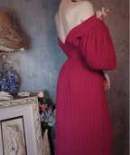 Elegant Rose Pink V-Neck Puff Sleeve Pleated Long Classy Prom Dress