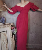 Elegant Rose Pink V-Neck Puff Sleeve Pleated Long Classy Prom Dress