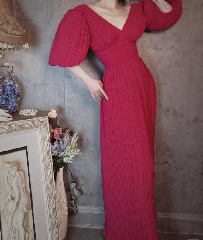 Elegant Rose Pink V-Neck Puff Sleeve Pleated Long Classy Prom Dress Main image