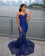 Elegant Royal Blue Sequin Beaded Appliques Mermaid Classy Prom Dress Classy Evening Dress