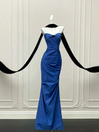 Elegant Royal Blue Mermaid Strapless Pleated Long Classy Prom Dress