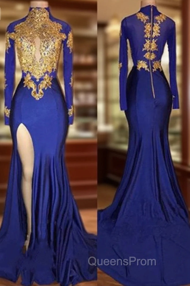 Elegant Royal Blue Evening Prom Party GownsMermaid Long Sleeves With Appliques Main image