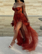 Elegant Rust Tiered Ruffles Tulle Classy Prom Dress