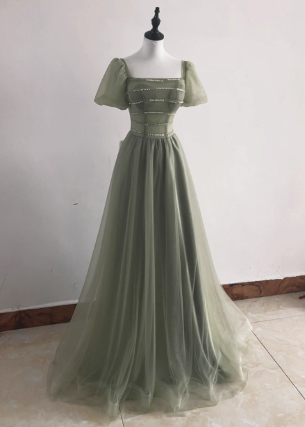Elegant Sage Green A-Line Square Neck Short Sleeve Tulle Long Classy Prom Dress Secondary image