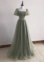 Elegant Sage Green A-Line Square Neck Short Sleeve Tulle Long Classy Prom Dress