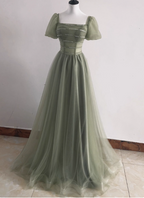 Elegant Sage Green A-Line Square Neck Short Sleeve Tulle Long Classy Prom Dress