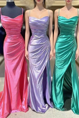 Elegant Satin Mermaid Evening Prom Dress With Pleated Bodice, Spaghetti Strap & Slit Fd5090